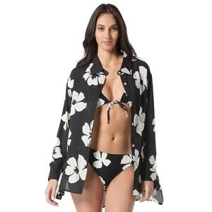 Vince Camuto Women's Floral-Print Cotton Cover-Up Shirt, Black, Size L 0321
